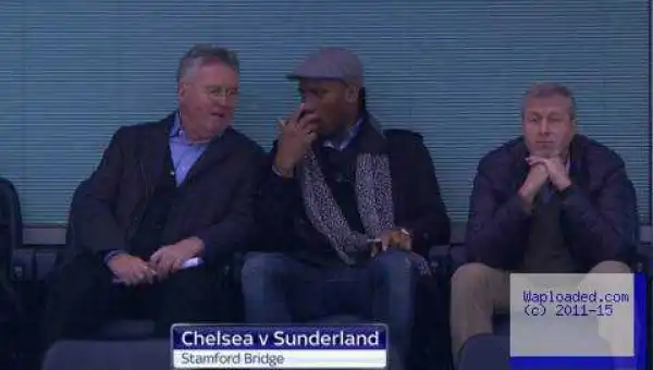 Didier Drogba pictured sat alongside Guus Hiddink and Roman Abramovich at Stamford Bridge